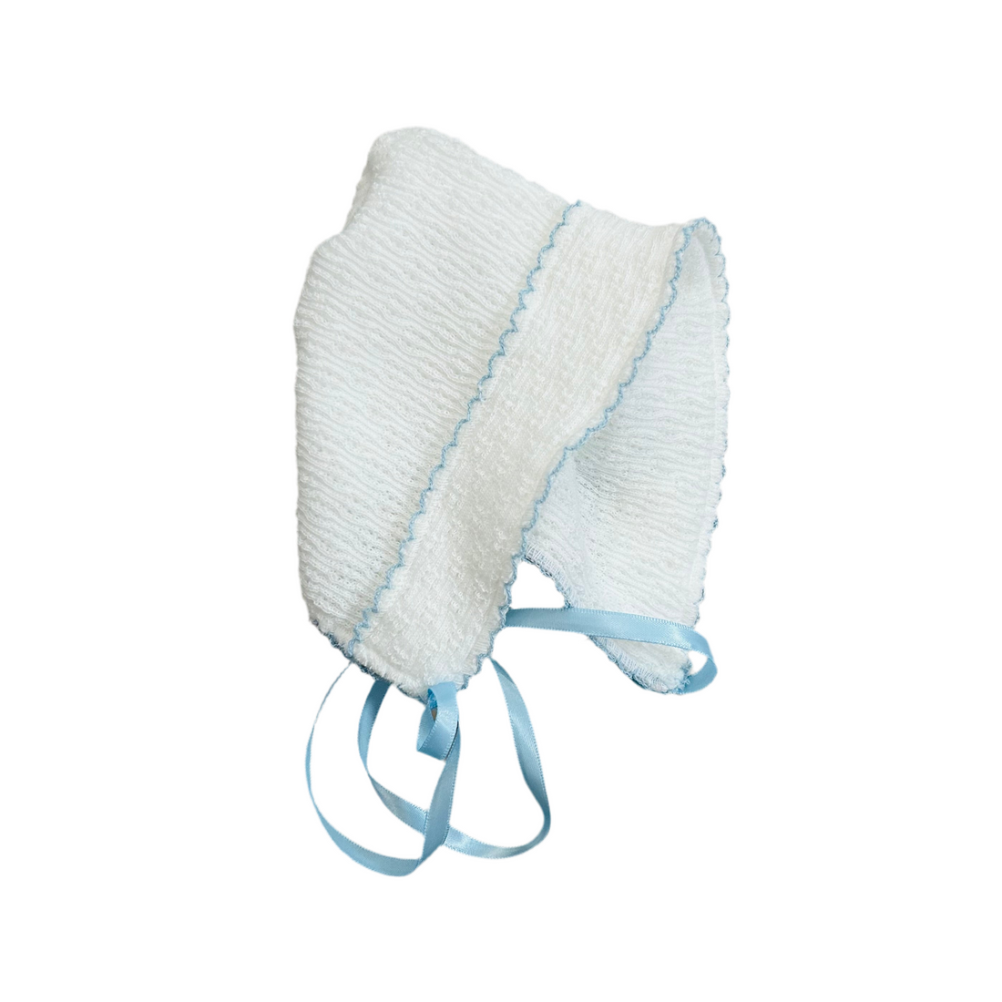 Paty Knit White Bonnet w/ Blue Trim and Ribbon Tie