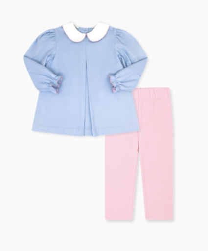 Caroline Legging Set- Blue Corduroy w/ Pink Knit Leggings