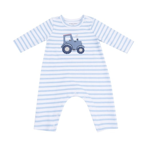 Organic Cotton Jersey - Mini Tractors - LS Snap Shoulder Romper with Tractor Applique