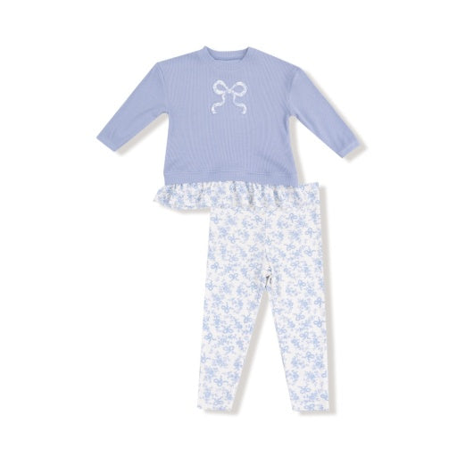 Romi Floral - Waffle Pull Over with Ruffle and Rib Bow Applique w Rib Leggings