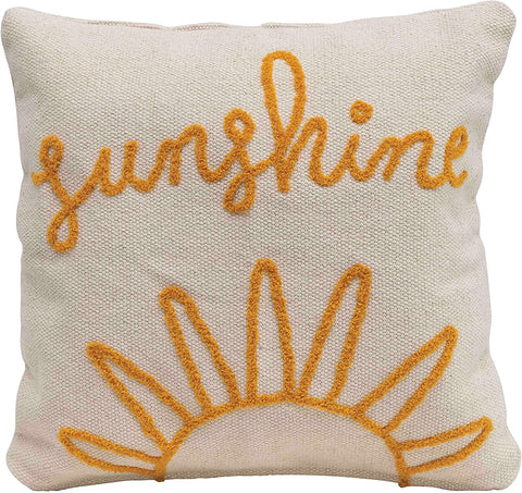 18" Cotton Pillow w/ Embroidered "Sunshine"- Natural/Mustard
