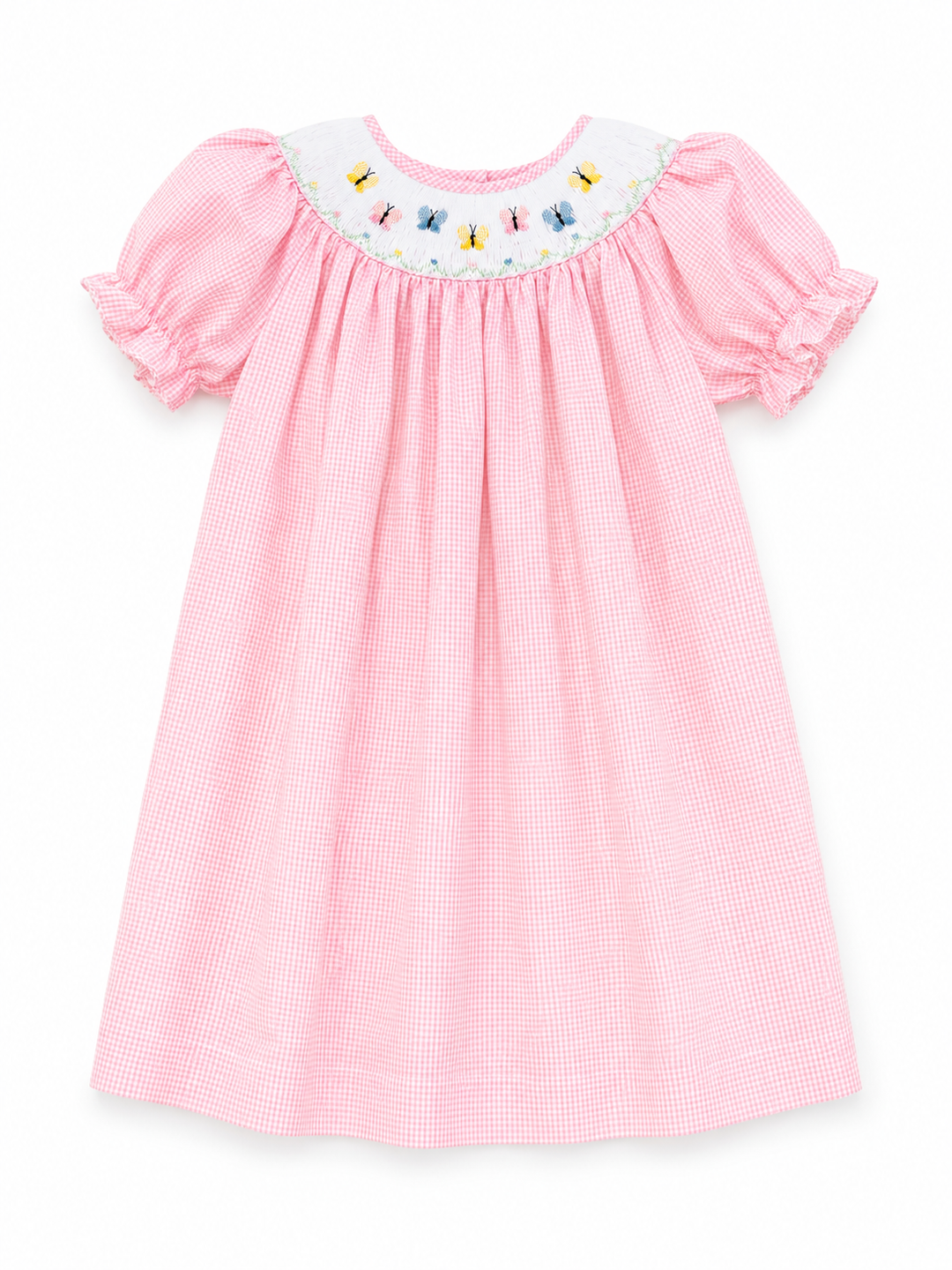 Butterfly Smocked Bishop Dress/Pink Check