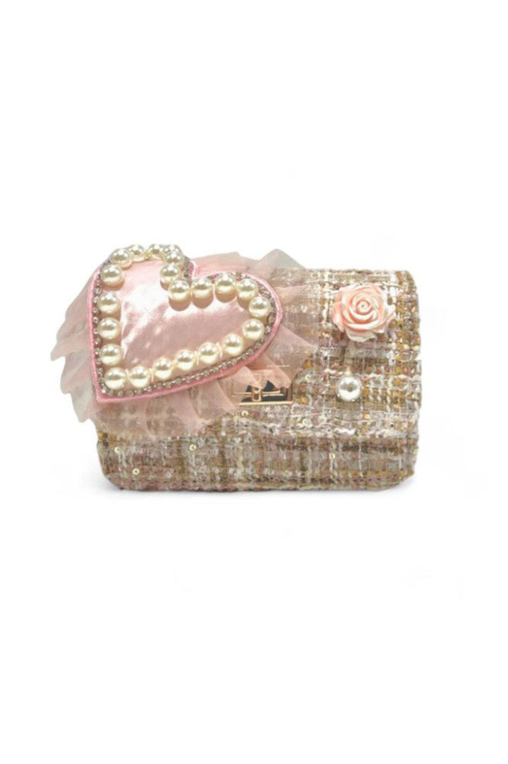 Big Heart Tweed Purse - Pink/Beige