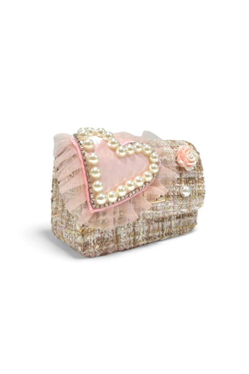 Big Heart Tweed Purse - Pink/Beige
