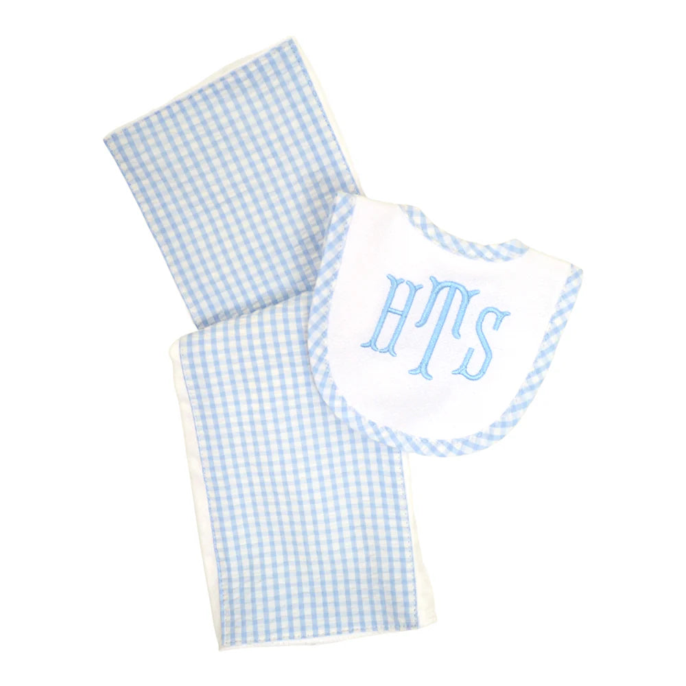 Drooler Bib and Burp Set- Blue Check