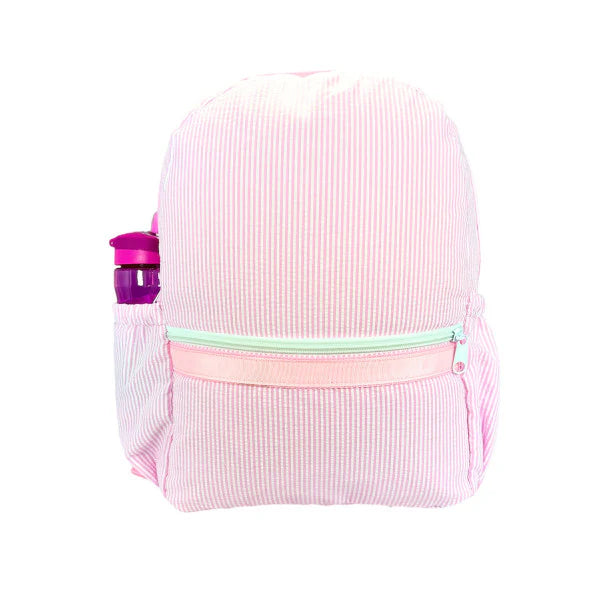 Medium Backpack w/ Pocket- Pink Seersucker