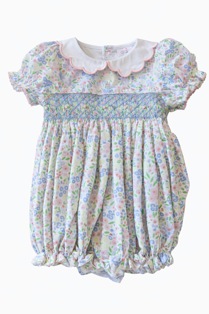 Pink & Blue Smocked Floral Bubble - Scallop Collar