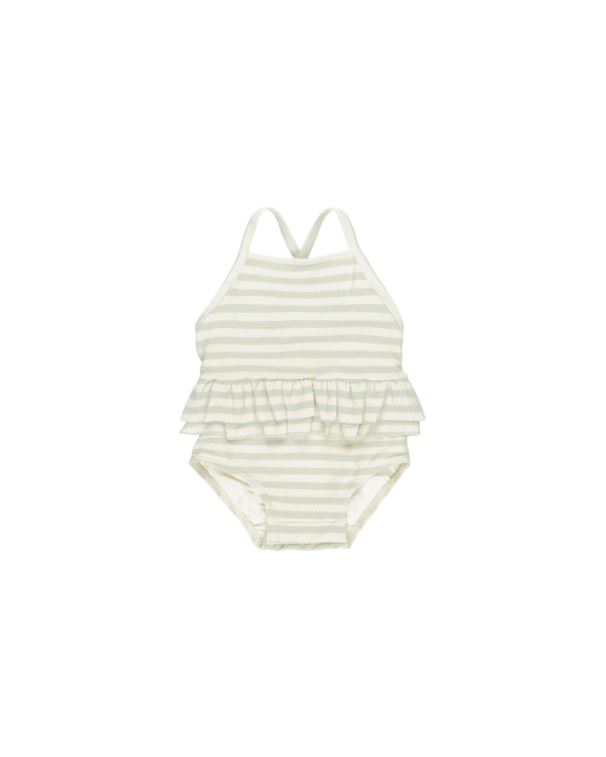 Ruffled 1pc Swimsuit- Mint Stripe