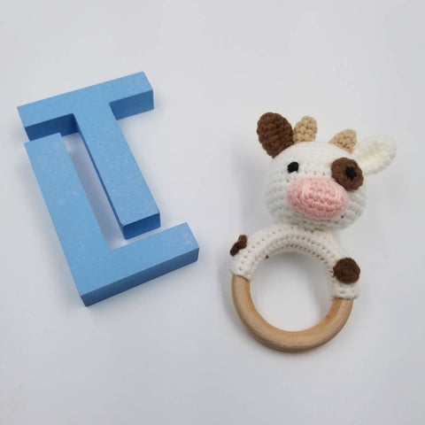 Knitted  Crochet Rattle- White Cow