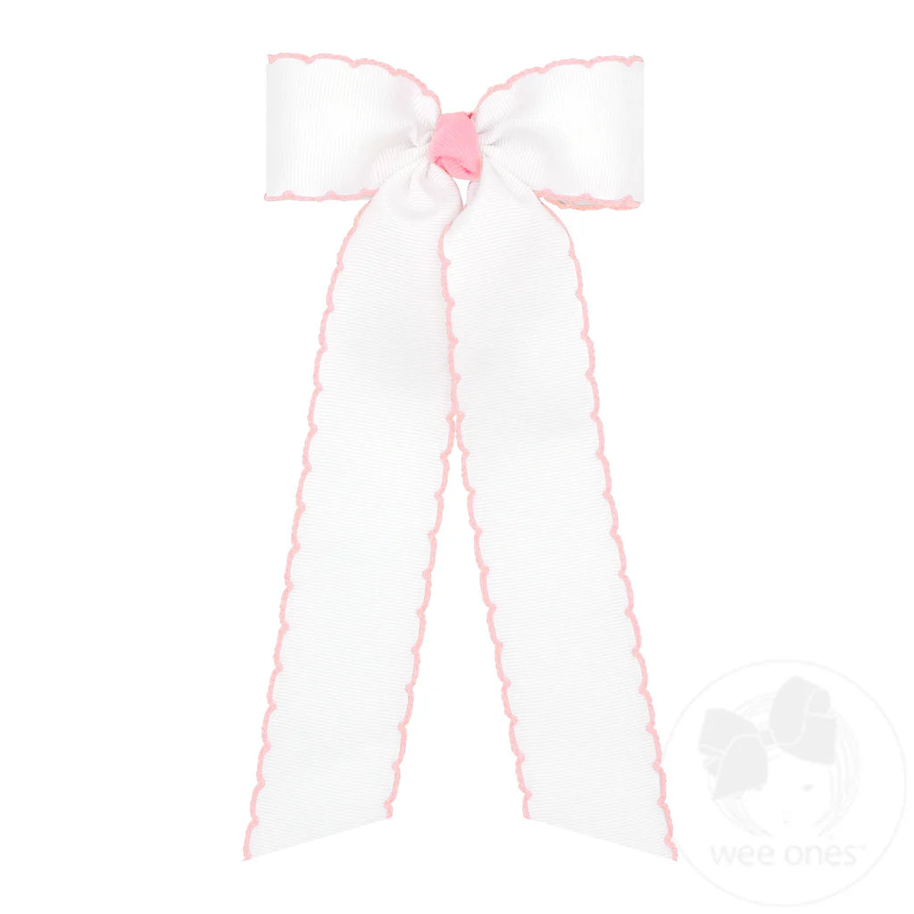 Grosgrain Moonstitch Hair Bowtie with Knot Wrap and Streamer Tails (White with Pink)