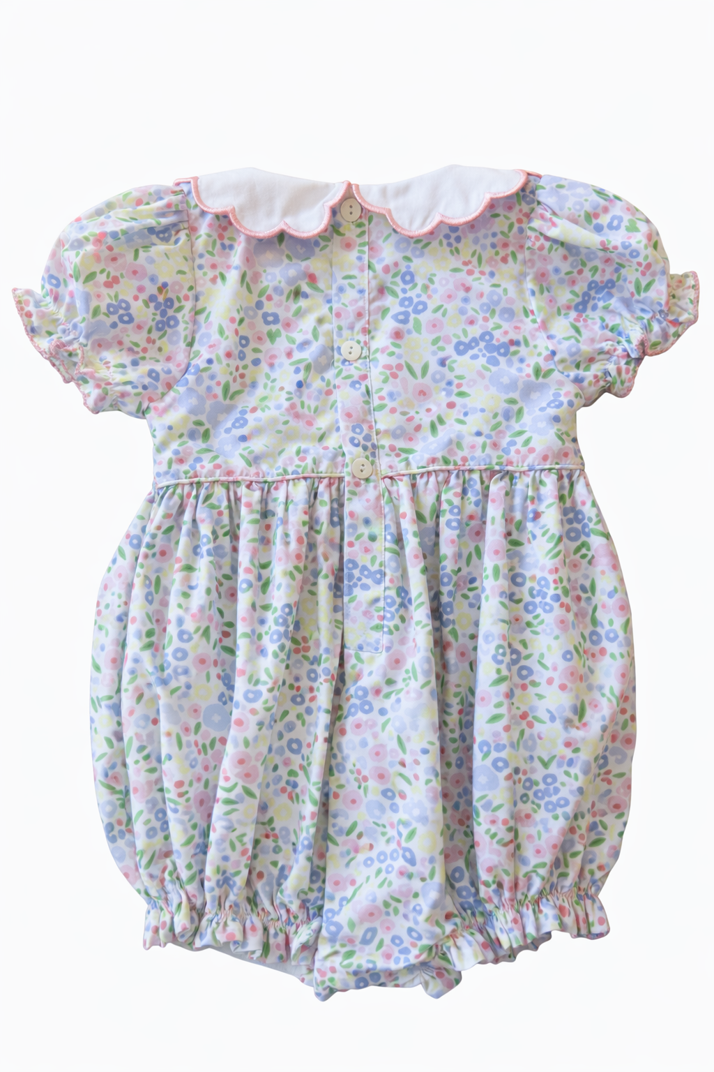 Pink & Blue Smocked Floral Bubble - Scallop Collar