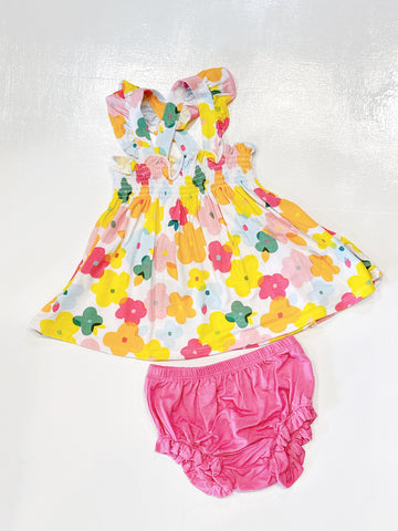 Ruffle Strap Smock Top & Diaper Cover-  Paper Floral