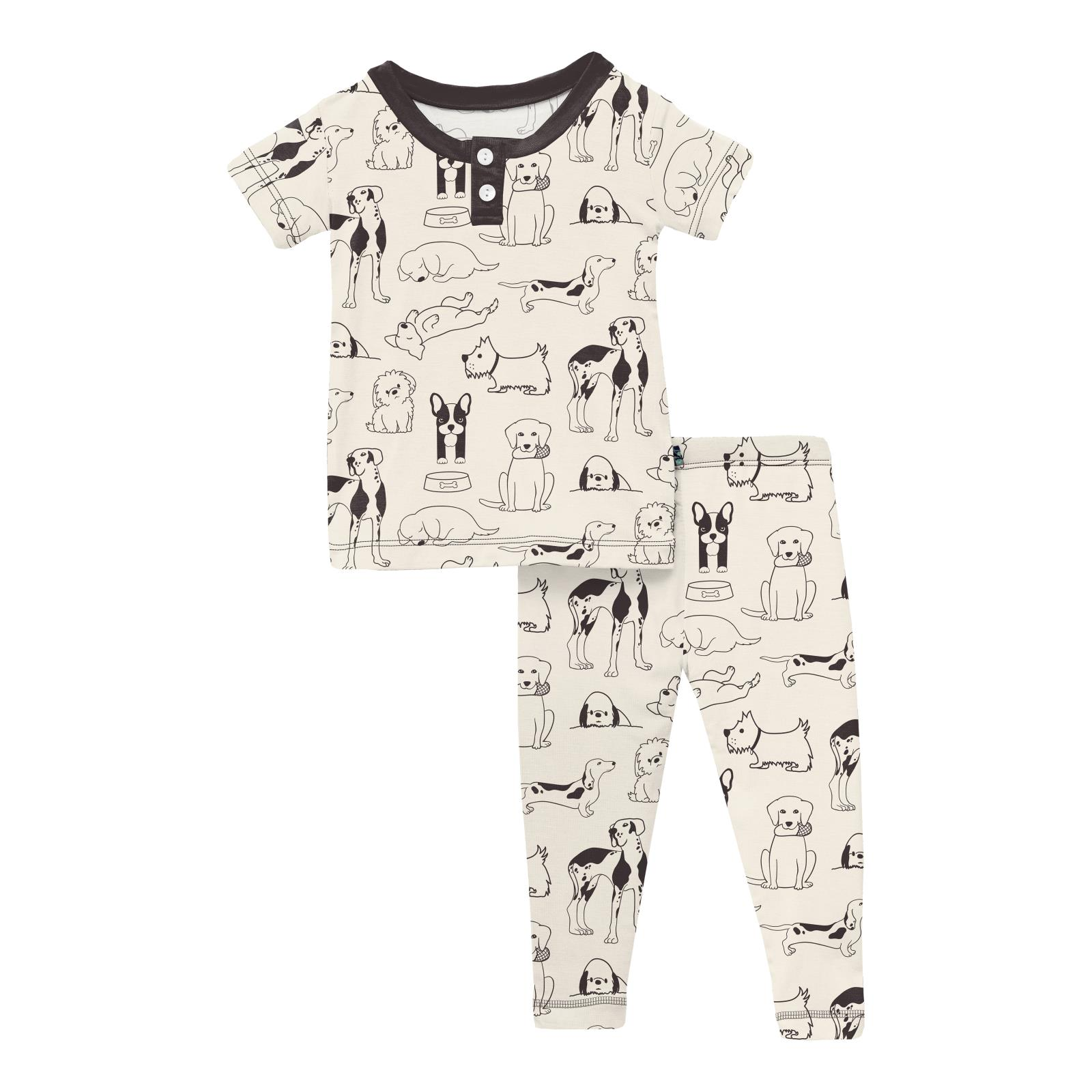 Print SS Henley Pajama Set- Natural Dogs