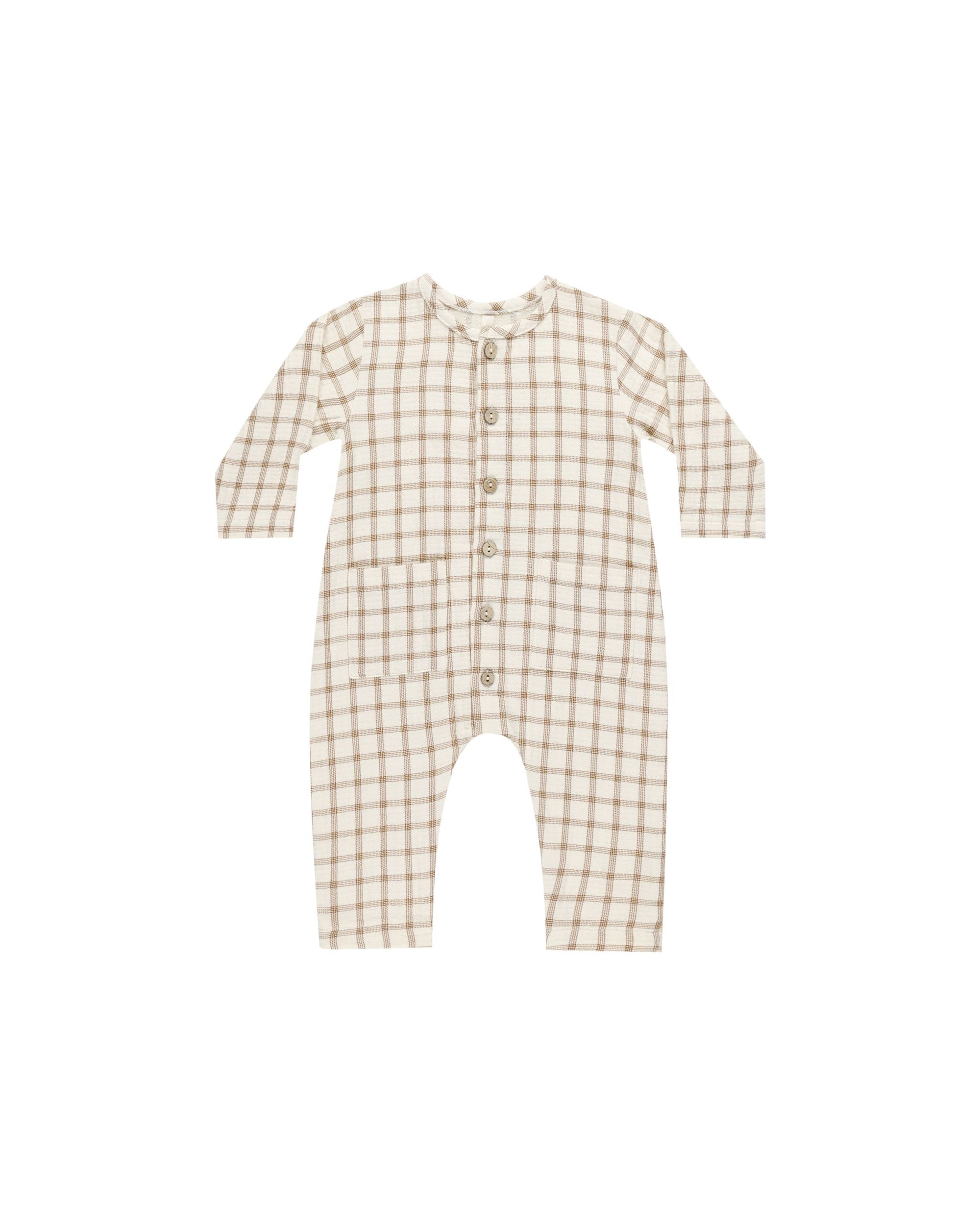 Pocketed Woven Jumpsuit- Cinnamon Plaid