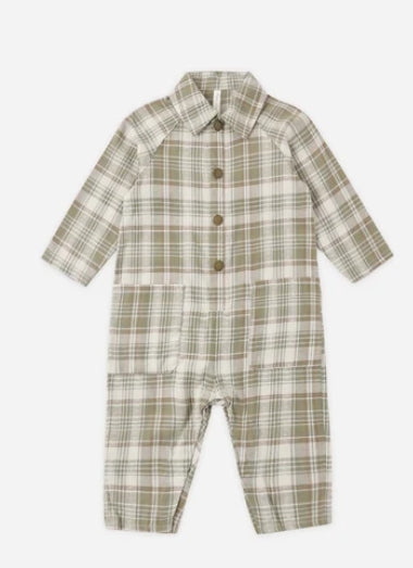 Collared Baby Jumpsuit Olive Dobby Plaid