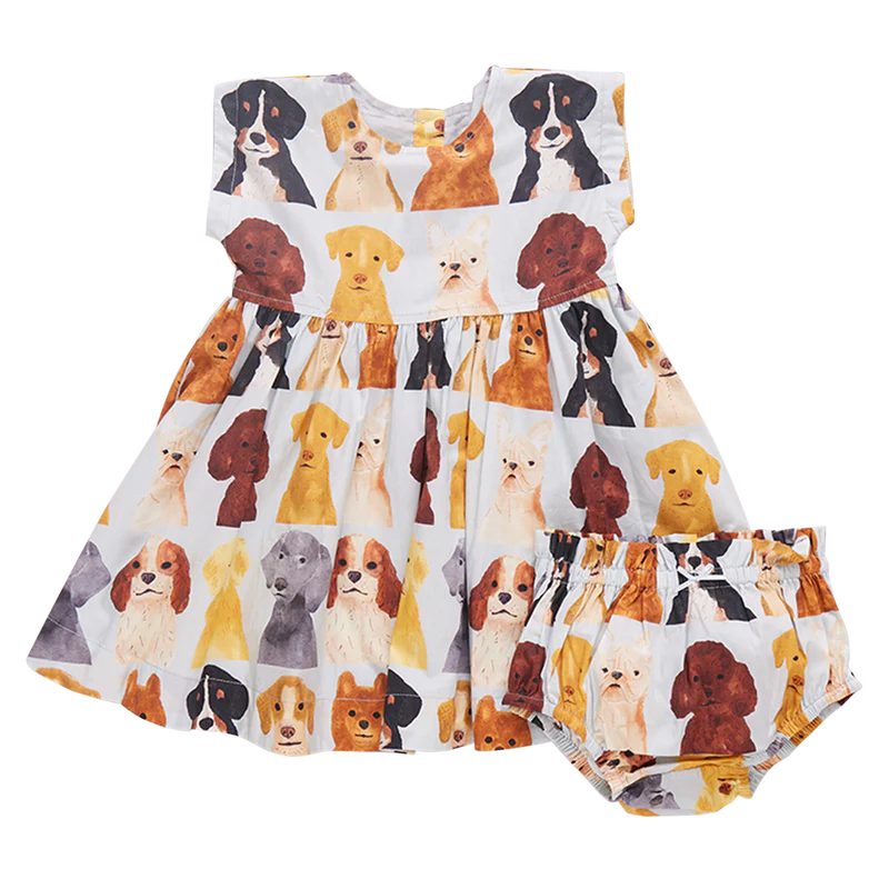 Adaline Dress Set - Lt Blue Watercolor Dogs