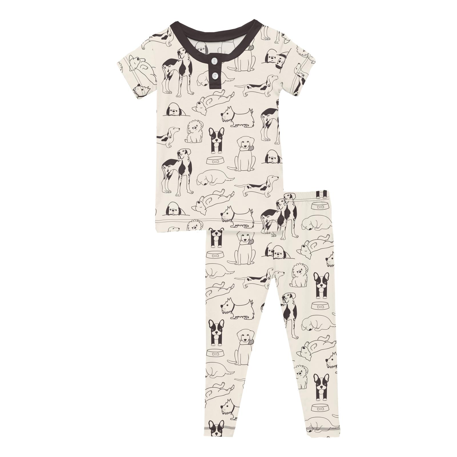 Print SS Henley Pajama Set- Natural Dogs