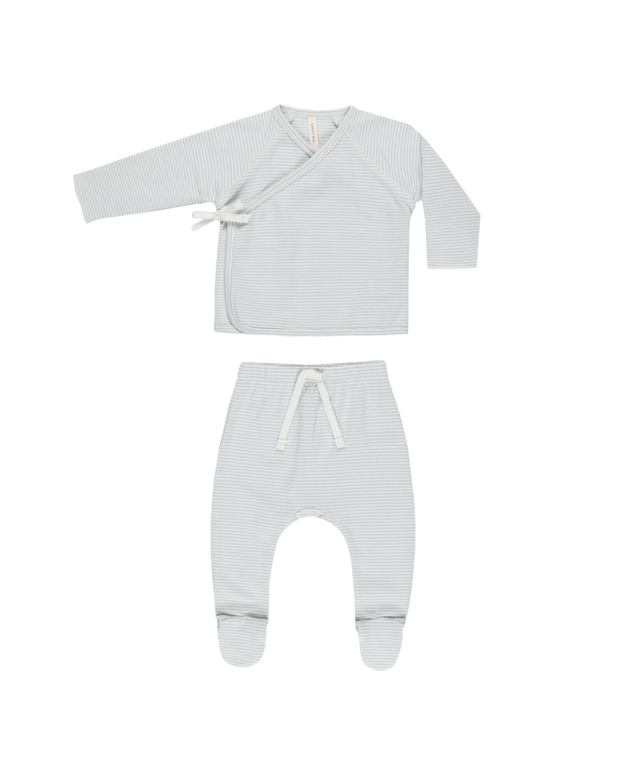 Wrap Top + Footed Pant Set- Sky Micro Stripe