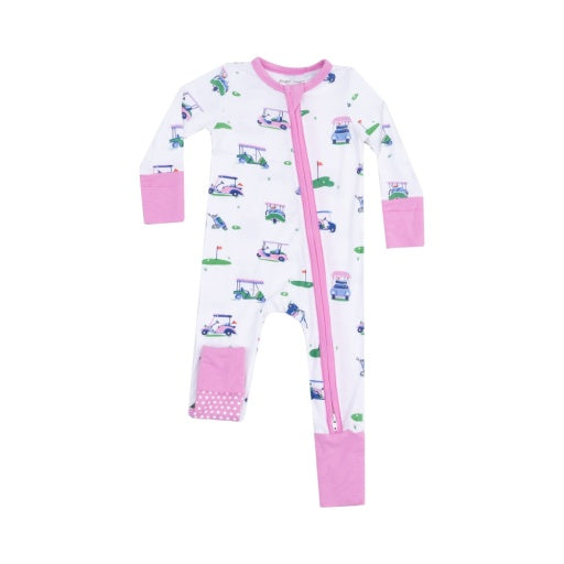 Vintage Golf Carts 2 Way Zip Romper- Pink
