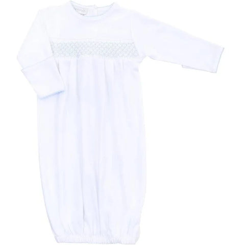 Ashley Wainscott Hold Shelf: Essentials Smocked Gown - White/Blue NB