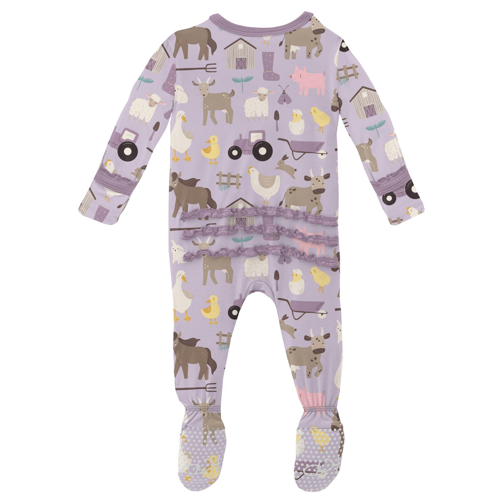 Muffin Ruffle Footie w/2 Way Zip- Morning on the Farm Thistle