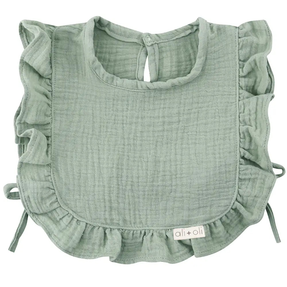 Muslin Cotton Ruffle Baby Bib- Sage