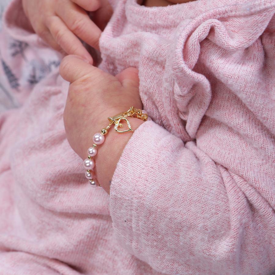 Larkin - 14K Gold Plated Pink Pearl Baby Bracelet w Heart