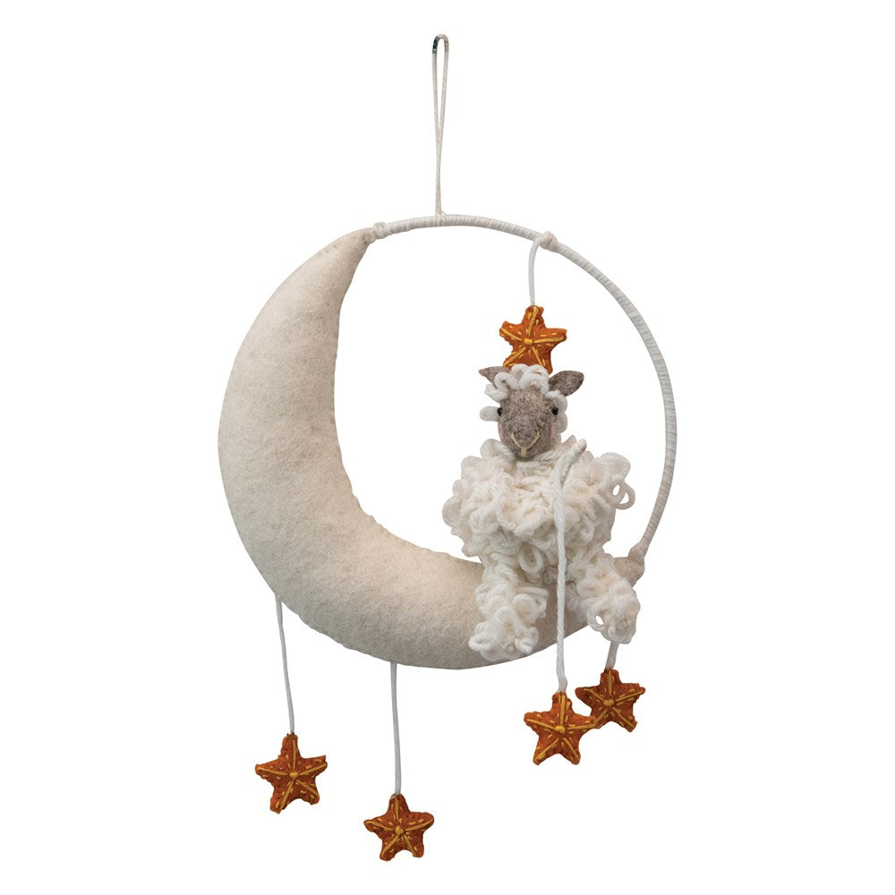 Wool Moon & Starts  Mobile/ Wall Hanging w/ Sheep- Cream