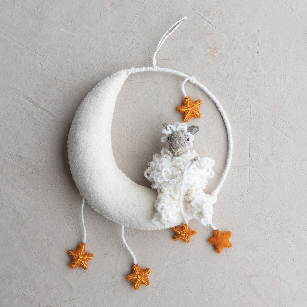 Wool Moon & Starts  Mobile/ Wall Hanging w/ Sheep- Cream